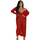 Long Cardigan Coat+Spaghetti Strap Jumpsuit Set