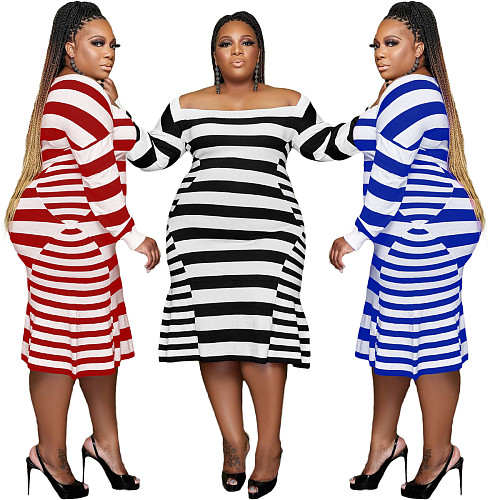 Plus Size Long Sleeve High Waist Striped Dress