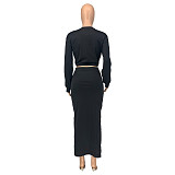 Lace Up Long Sleeve Crop Top 2 Piece Skirt Set