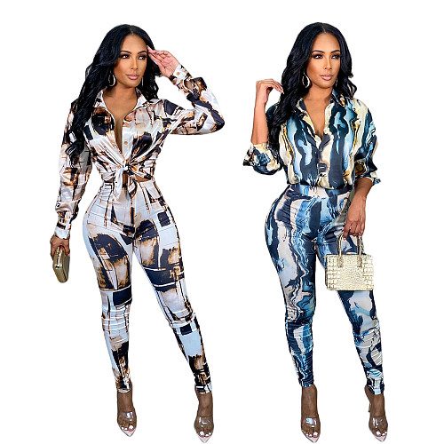 Pattern Long Sleeve Shirt Top Pencil Pants Set