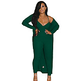 Long Cardigan Coat+Spaghetti Strap Jumpsuit Set