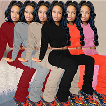 Hooded Sweatshirt Crop Top Stacked Pants Set AL-269