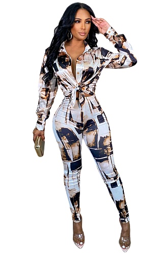 Pattern Long Sleeve Shirt Top Pencil Pants Set