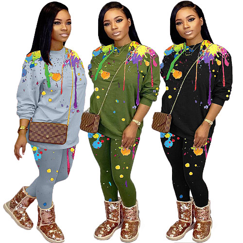 Splash Ink Print T Shirt Pencil Pants Set