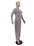 Solid Long Sleeve O Neck Loose Fit Jumpsuit