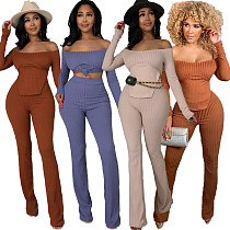 Off Shoulder Long Sleeve Top Flared Pants Set
