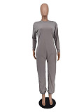 Solid Long Sleeve O Neck Loose Fit Jumpsuit