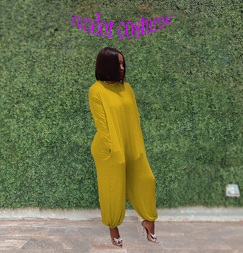 Solid Long Sleeve O Neck Loose Fit Jumpsuit