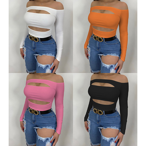 Knitted Off Shoulder Long Sleeve Cut Out Tops ANDI-1009