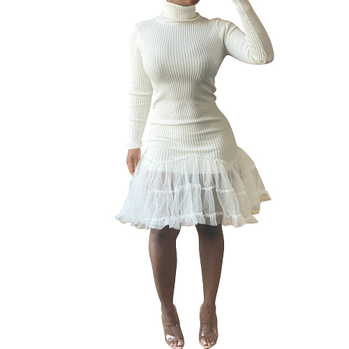 Mesh Patchwork Turtleneck Sweater Dress AIL-192