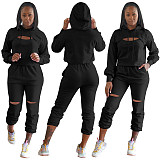 Hollow Hole Hooded Sweatshirt And Pants Set TE-4354