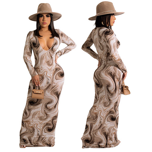 Tie Dye Print Low Cut Long Sleeve Dress SFY-2149
