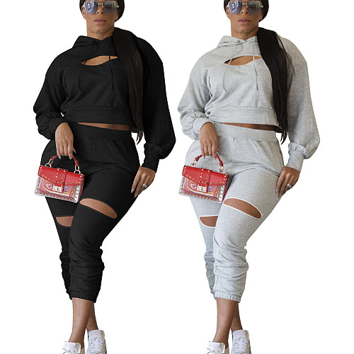 Hollow Hole Hooded Sweatshirt And Pants Set TE-4354