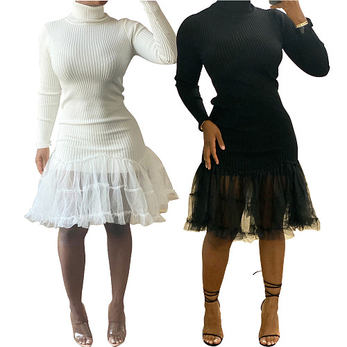 Mesh Patchwork Turtleneck Sweater Dress AIL-192