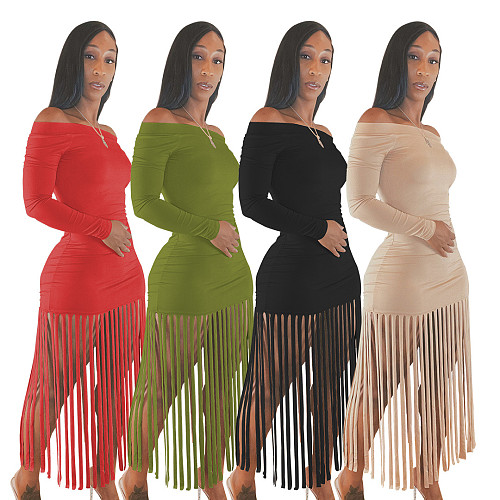 Solid Off Shoulder Long Sleeve Tassel Dress MTY-6598