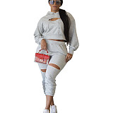 Hollow Hole Hooded Sweatshirt And Pants Set TE-4354
