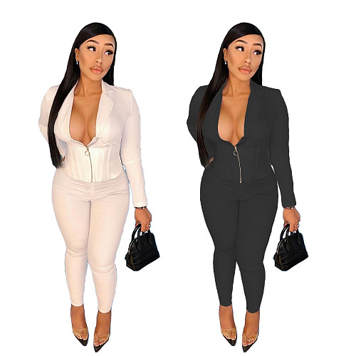 Solid Color Blazer Crop Top Skinny Pants Set BN-9305