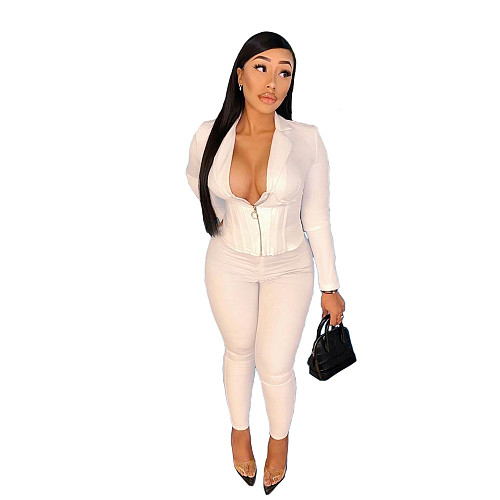 Solid Color Blazer Crop Top Skinny Pants Set BN-9305