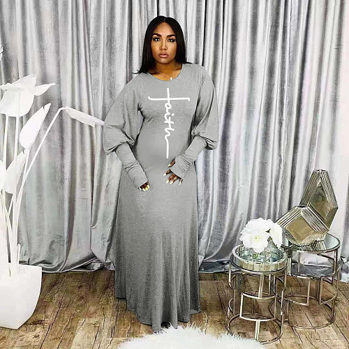 Letter Print O-neck Lantern Long Sleeve Dress JINGJ-6012