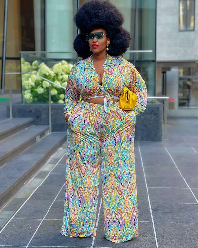 Printed Bandage Crop Top Wide Leg Pants Set JINGJ-6014