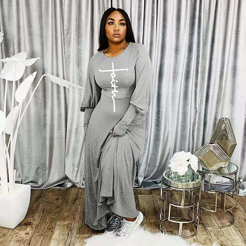 Letter Print O-neck Lantern Long Sleeve Dress JINGJ-6012