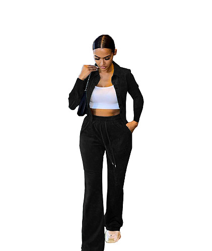 Velvet Button Crop Jacket Joggers Pants Set BOMM-09673