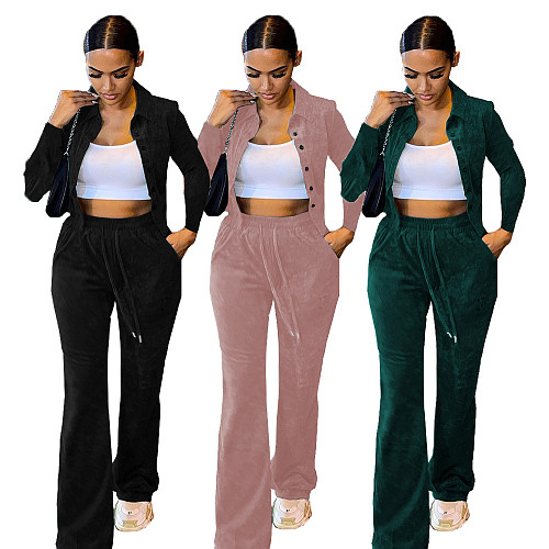 Velvet Button Crop Jacket Joggers Pants Set BOMM-09673