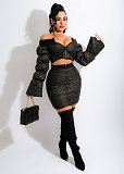 Off Shoulder Long Sleeve Crop Top+Bodycon Skirt Set OSM-7008