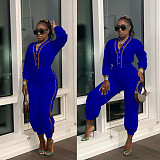 Patchwork Long Sleeve V Neck Bandage Jumpsuit MAE-2130