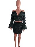 Off Shoulder Long Sleeve Crop Top+Bodycon Skirt Set OSM-7008