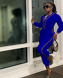 Patchwork Long Sleeve V Neck Bandage Jumpsuit MAE-2130