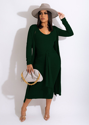 Cardigan Coat+Sleeveless Lace Up Vest Dress Set OSM-3328