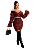 Off Shoulder Long Sleeve Crop Top+Bodycon Skirt Set OSM-7008