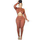 Solid Cross Long Sleeve Crop Top Leggings Set HMS-5519