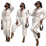 Patchwork Long Sleeve V Neck Bandage Jumpsuit MAE-2130