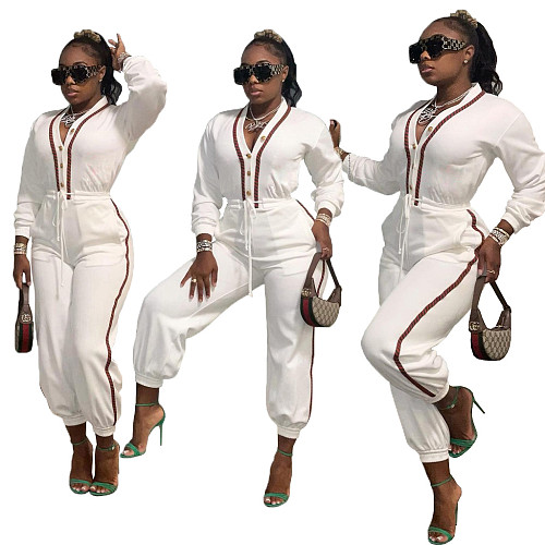 Patchwork Long Sleeve V Neck Bandage Jumpsuit MAE-2130
