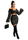 Off Shoulder Long Sleeve Crop Top+Bodycon Skirt Set OSM-7008