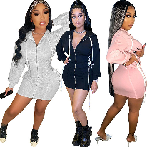 Zipper Front Hooded Bandage Waist Shape Dress HMS-5521