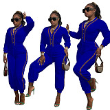 Patchwork Long Sleeve V Neck Bandage Jumpsuit MAE-2130