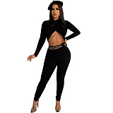 Solid Cross Long Sleeve Crop Top Leggings Set HMS-5519