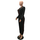 Patchwork Long Sleeve V Neck Bandage Jumpsuit MAE-2130