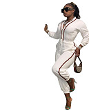 Patchwork Long Sleeve V Neck Bandage Jumpsuit MAE-2130