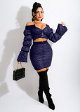 Off Shoulder Long Sleeve Crop Top+Bodycon Skirt Set OSM-7008