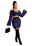 Off Shoulder Long Sleeve Crop Top+Bodycon Skirt Set OSM-7008