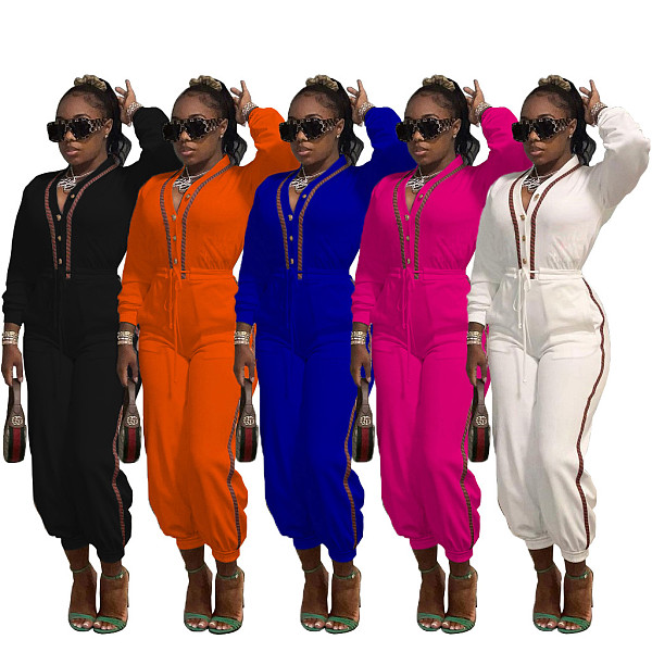 Patchwork Long Sleeve V Neck Bandage Jumpsuit MAE-2130