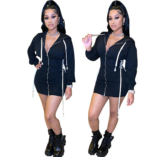 Zipper Front Hooded Bandage Waist Shape Dress HMS-5521