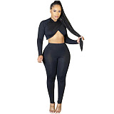 Solid Cross Long Sleeve Crop Top Leggings Set HMS-5519