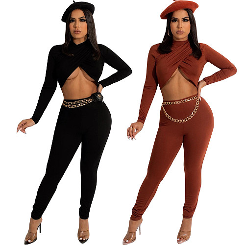 Solid Cross Long Sleeve Crop Top Leggings Set HMS-5519