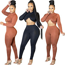 Solid Cross Long Sleeve Crop Top Leggings Set HMS-5519
