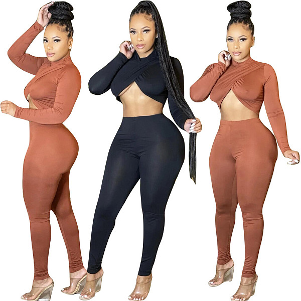 Solid Cross Long Sleeve Crop Top Leggings Set HMS-5519